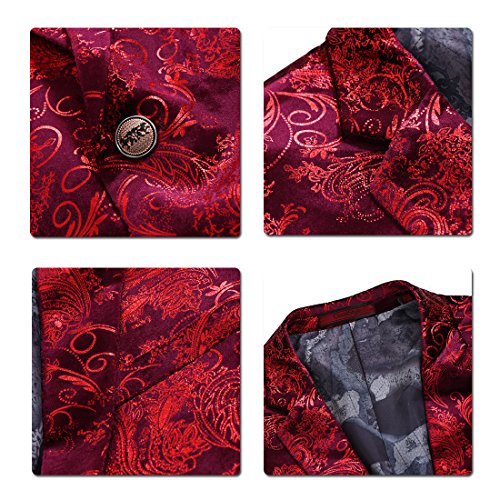 Allthemen Men's Luxury Casual Velvet Dress Suit Slim Fit Floral Prints Stylish Blazer Coats Chic Jackets, Burgundy, XXL