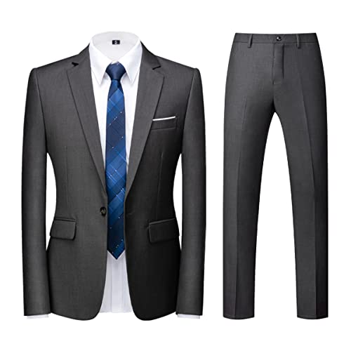 Men Suits 2 Piece Slim Fit Single Breasted One Button Dark Grey Wedding Tuxedo Suit Blazer Trousers