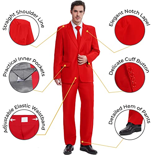 GAZANIA Solid Color Party Suit - Halloween Suit, Party Costume Suit, Prom Suit, Theme Party Suit with Blazer, Tie & Pants, Red, Large