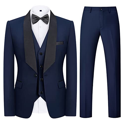 KUDMOL Mens Suit 3 Piece Tuxedo One Button Blazer Vest Trousers Sets for Wedding Party Prom(Navy,M)