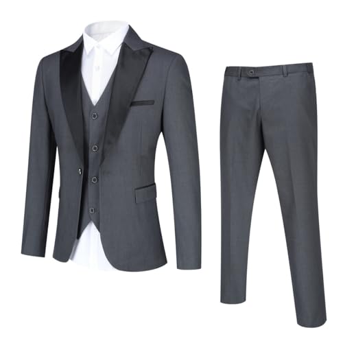YOUTHUP Men's Suits Slim Fit 3 Piece Suit Elegant Wedding Tuxedo Peak Lapel Blazer Pants Vest, Grey, 3XL