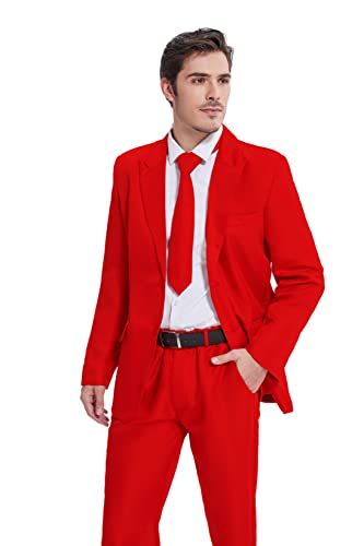 GAZANIA Solid Color Party Suit - Halloween Suit, Party Costume Suit, Prom Suit, Theme Party Suit with Blazer, Tie & Pants, Red, Large