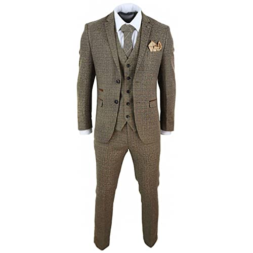 Mens 3 Piece Suit Tweed Check Vintage Retro Tailored Fit 1920s Brown