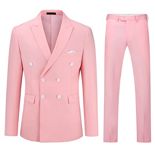 YOUTHUP Men's 2 Piece Suits Double Breasted Formal Slim Fit Suit Peak Lapel Blazer and Trousers, Pink, L