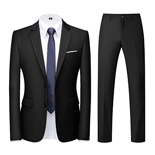 Men Suits 2 Piece Slim Fit Single Breasted Two Button Black Wedding Tuxedo Suit Blazer Trousers Black L
