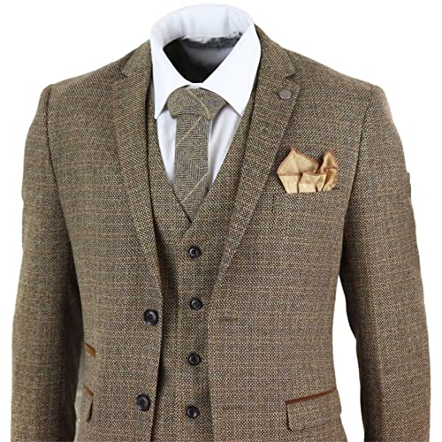 Mens 3 Piece Suit Tweed Check Vintage Retro Tailored Fit 1920s Brown