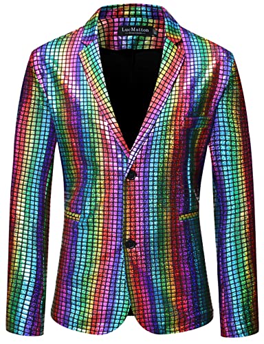 LucMatton Men's 2 Piece 70s Disco Outfits Metallic Shiny Sequin Suits Jacket and Pants Set 90s Halloween Costume Multicolor Medium