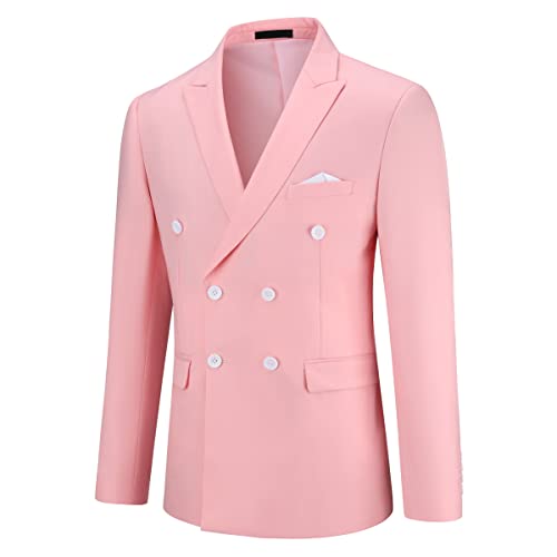 YOUTHUP Men's 2 Piece Suits Double Breasted Formal Slim Fit Suit Peak Lapel Blazer and Trousers, Pink, L