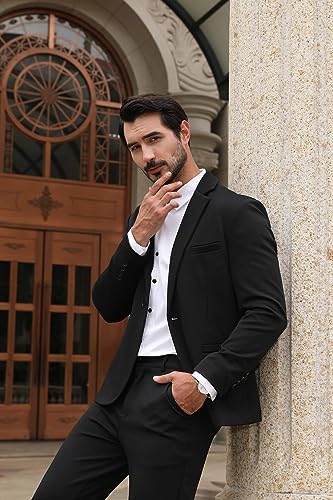 Allthemen Men's 2 Pieces Suit Slim Fit One Button Suits Casual Stylish Wedding Dress Suit Black (Black Pants) S