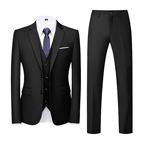 Allthemen Mens Suits 3 Piece Regular Fit Formal Dress Suit Two Buttons Business Suit Jacket Trousers Black XL