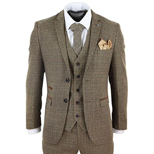 Mens 3 Piece Suit Tweed Check Vintage Retro Tailored Fit 1920s Brown