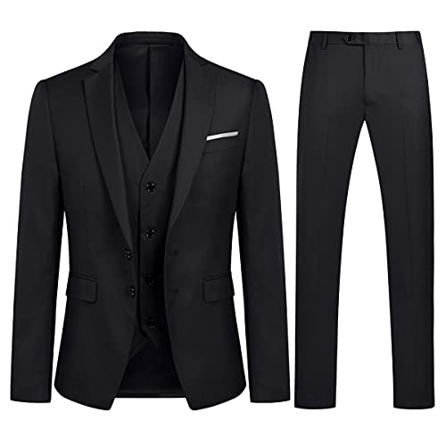 YOUTHUP Mens Slim Fit 3 Piece Suit Classic Business Wedding Suits Tuxedo Blazer Waistcoat Trousers Black, XL