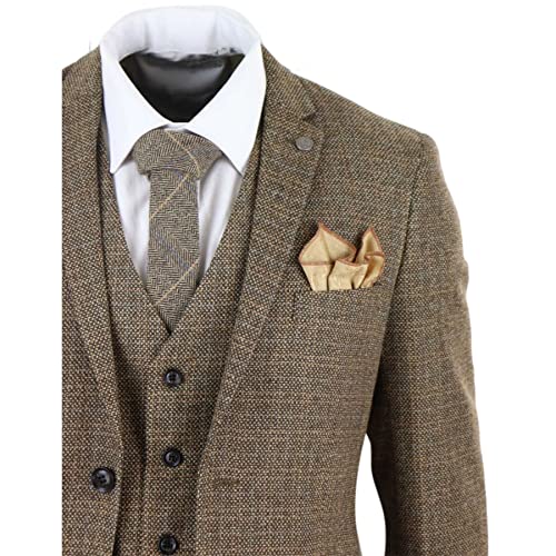 Mens 3 Piece Suit Tweed Check Vintage Retro Tailored Fit 1920s Brown
