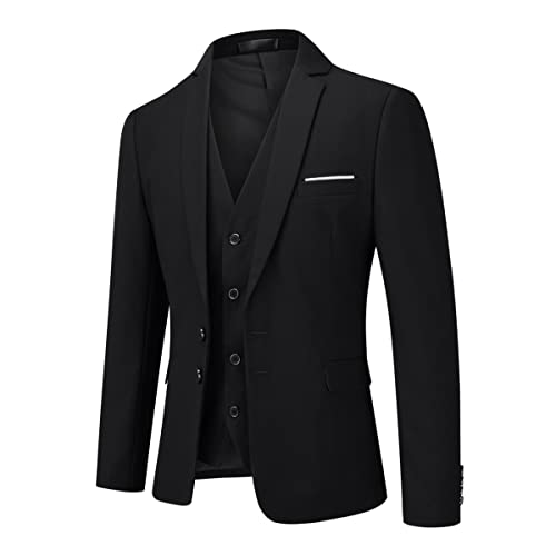 YOUTHUP Mens Slim Fit 3 Piece Suit Classic Business Wedding Suits Tuxedo Blazer Waistcoat Trousers Black, XL