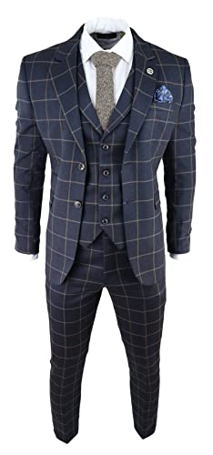 Mens Blue 3 Piece Suit Tan Check Classic Wedding Prom Peaky Tweed Vintage - Navy 38