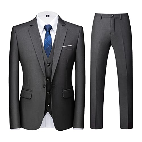Men Suits 3 Piece Slim Fit Single Breasted One Button Lake Dark Grey Tuxedo Suit Blazer Waistcoat Trousers(Dark Grey,XX-Larger)