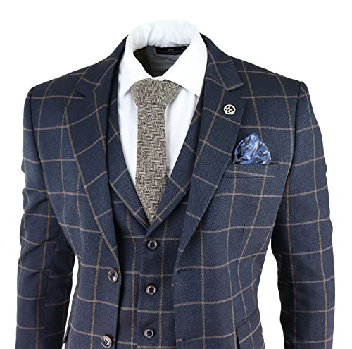 Mens Blue 3 Piece Suit Tan Check Classic Wedding Prom Peaky Tweed Vintage - Navy 38