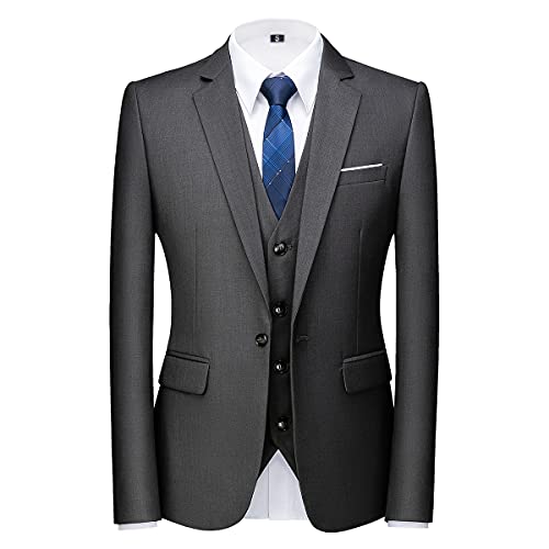 Men Suits 3 Piece Slim Fit Single Breasted One Button Lake Dark Grey Tuxedo Suit Blazer Waistcoat Trousers(Dark Grey,XX-Larger)