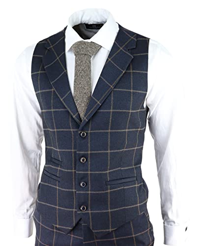 Mens Blue 3 Piece Suit Tan Check Classic Wedding Prom Peaky Tweed Vintage - Navy 38