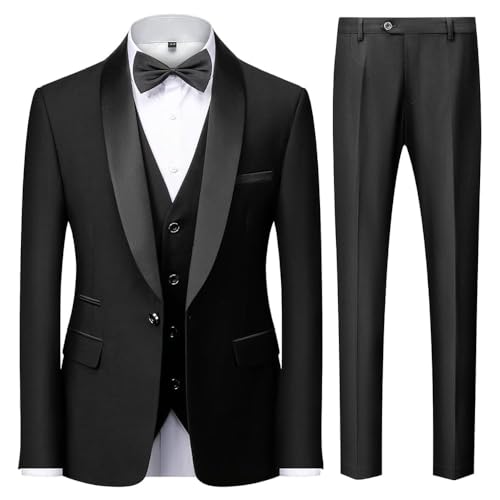 KUDMOL Mens 3 Pieces Suit Slim Fit One Button Shawl Lapel for Wedding Prom Blazer Vest Trousers Set（Black,M