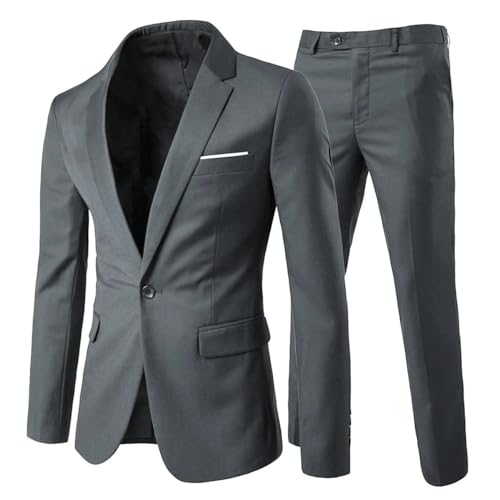 Allthemen Mens Suits 2 Piece Slim Fit Wedding Dress Suit One Button Business Suit Blazer Jackets Trousers Dark Grey M