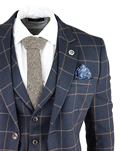 Mens Blue 3 Piece Suit Tan Check Classic Wedding Prom Peaky Tweed Vintage - Navy 38