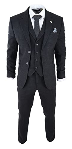 Mens Black Tweed 3 Piece Suit Check Vintage 1920s Gatsby Blinders Tailored Fit - Black 44