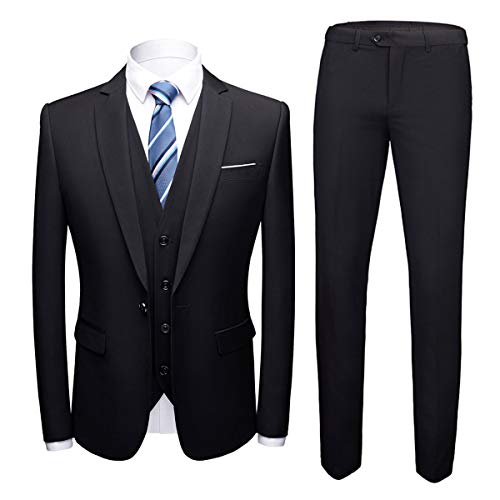 Sliktaa Mens Suits 3 Pieces Formal Notched Lapel One Button Blazer Trousers and Waistcoat, Black, L