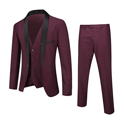 YOUTHUP Mens Suits Slim Fit 3 Piece Suit Shawl Lapel Wedding Dinner Tuxedo 1 Button Blazer Pants Vest Red Wine