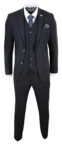 Mens Wool Tweed Suit 3 Piece Authentic 1920s Tailored Fit Classic Black