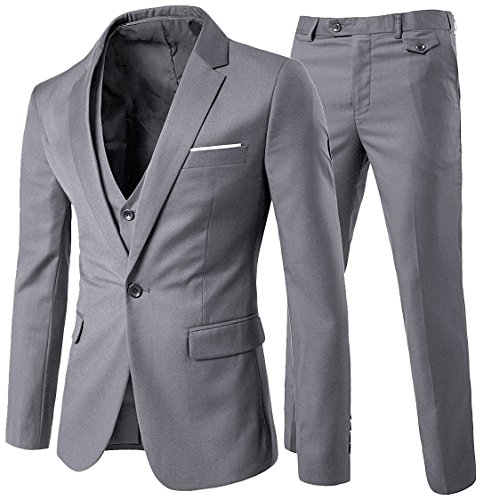 Men Suits 3 Pieces Fitted Cut Classic Style One Button formal suits, L, Grey