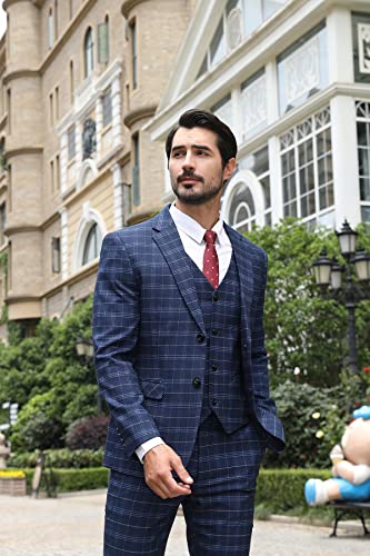 Allthemen Mens Suits 3 Piece Slim Fit Checked Suit Single Breasted Herringbone Vintage Tuxedo Formal Business Blazer Waistcoat Trouser 6248# Blue M