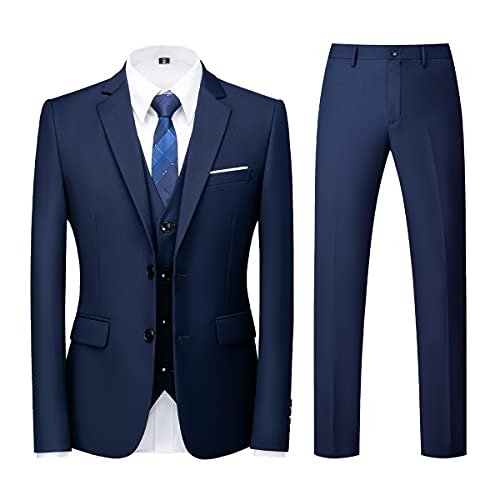 Men Suits 3 Piece Slim Fit Single Breasted Two Button Blue Wedding Tuxedo Suit Blazer Waistcoat Trousers(Blue,XX-Larger)