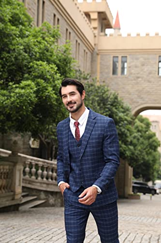 Allthemen Mens Suits 3 Piece Slim Fit Checked Suit Single Breasted Herringbone Vintage Tuxedo Formal Business Blazer Waistcoat Trouser 6248# Blue M