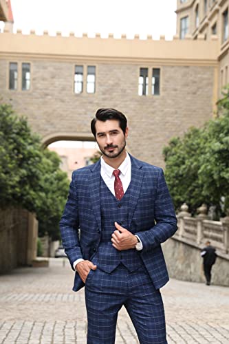 Allthemen Mens Suits 3 Piece Slim Fit Checked Suit Single Breasted Herringbone Vintage Tuxedo Formal Business Blazer Waistcoat Trouser 6248# Blue M