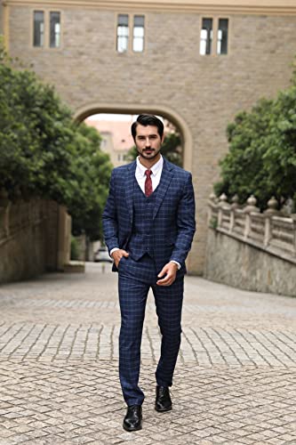 Allthemen Mens Suits 3 Piece Slim Fit Checked Suit Single Breasted Herringbone Vintage Tuxedo Formal Business Blazer Waistcoat Trouser 6248# Blue M