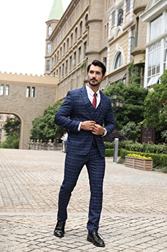 Allthemen Mens Suits 3 Piece Slim Fit Checked Suit Single Breasted Herringbone Vintage Tuxedo Formal Business Blazer Waistcoat Trouser 6248# Blue M