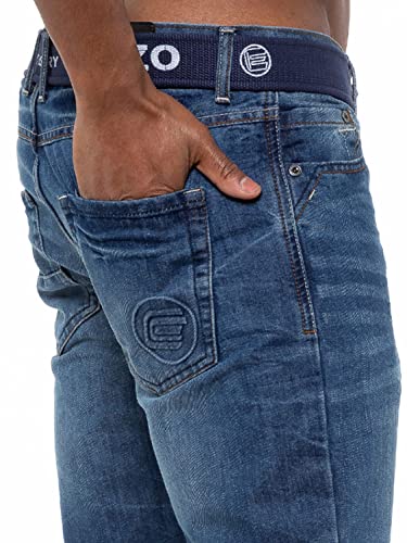 989Zé ENZO Mens Straight Leg Jeans Trousers Regular Fit Denim Pants Free Belt EZ384 Blue 32W / 30L
