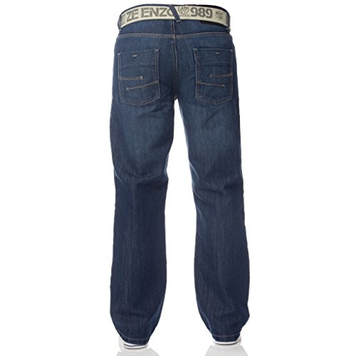 Enzo BNWT Mens Designer Denim Jeans Blue Regular Loose Fit Free Belt 38 W X32L Stone Wash