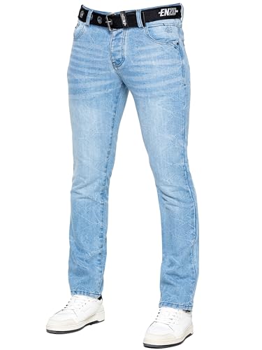 989Zé ENZO Mens Jeans Classic Straight Leg Casual Cotton Regular Fit Denim Pants Free Belt EZ384 Light Blue 34W / 32L