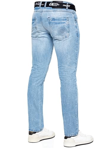 989Zé ENZO Mens Jeans Classic Straight Leg Casual Cotton Regular Fit Denim Pants Free Belt EZ384 Light Blue 34W / 32L