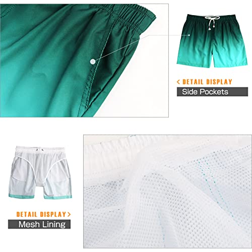 Danfiki Mens Swim Shorts Swimming Trunks Quick Dry Beach Shorts Surfing Shorts with Mesh Lining Gradient Color Green