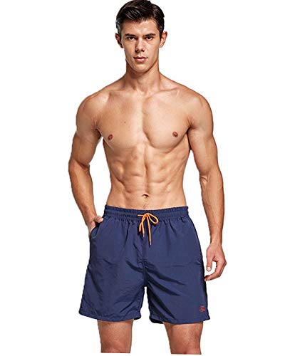 JustSun Men Swimming Shorts with Pockets Swimming Trunks Mens Swim Shorts Summer Waterproof Quick Dry Surf Shorts with Mesh Lining Dark Blue XL