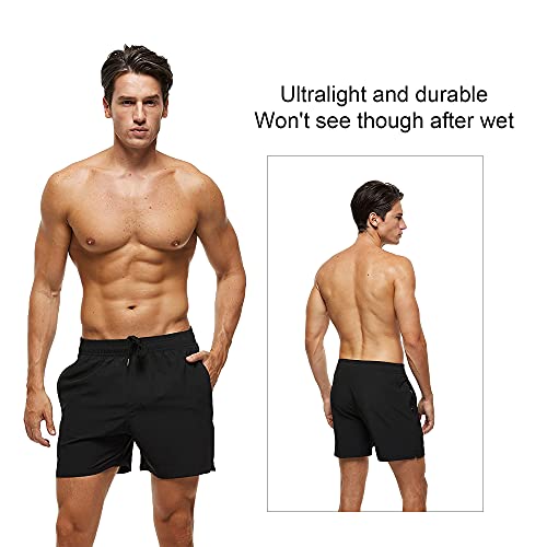 Arcweg Men's Swimming Shorts Mens Swim Trunks with Zipper Pockets Swim Shorts Mesh Lining Stretchy Board Shorts Surfing Beach Shorts Quick Dry Black L(UK)