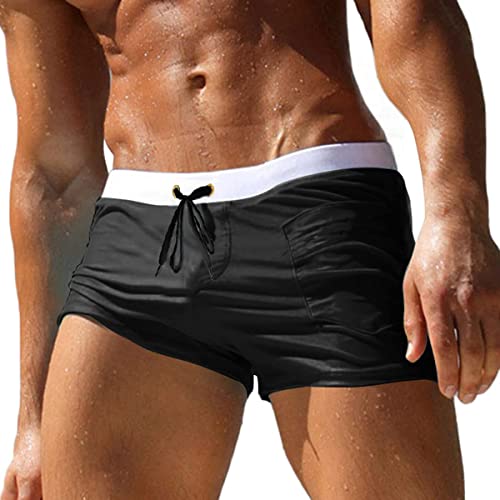 Husmeu Men's Swimming Trunks with Elastic Waistband Quick Dry Beach Shorts Men's Swim Trunk Boxer with Small Pocket Black L