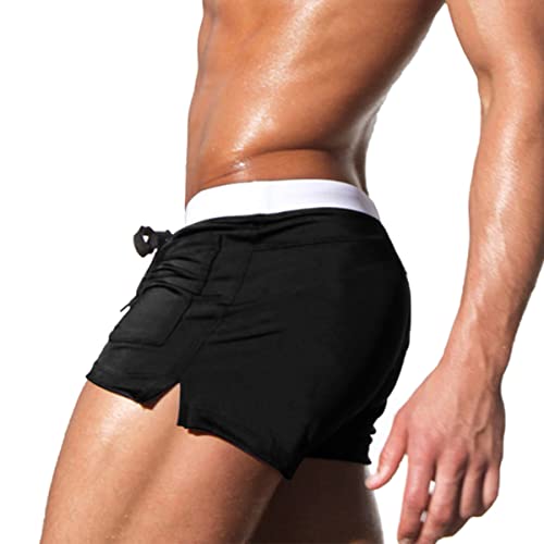 Husmeu Men's Swimming Trunks with Elastic Waistband Quick Dry Beach Shorts Men's Swim Trunk Boxer with Small Pocket Black L