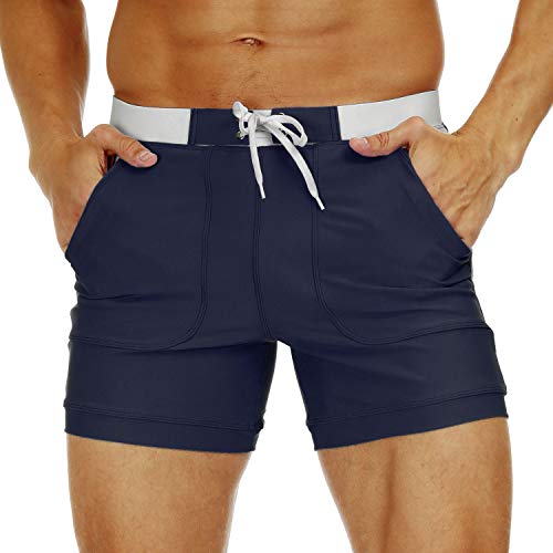 KEFITEVD Men's Quick Dry Swimming Shorts Sexy Beach Board Trunks Summer Short Swim Pants with Adjustable Drawstring, Navy Blue, 34