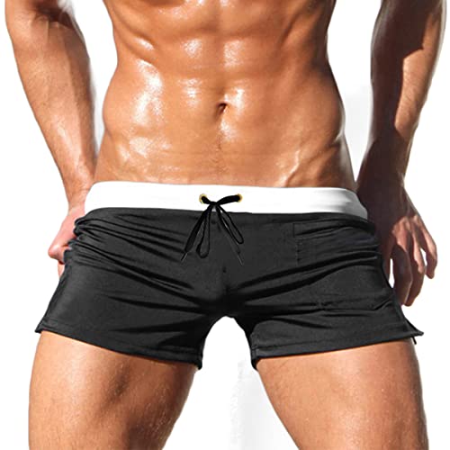 Husmeu Men's Swimming Trunks with Elastic Waistband Quick Dry Beach Shorts Men's Swim Trunk Boxer with Small Pocket Black L