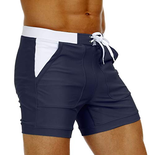 KEFITEVD Men's Quick Dry Swimming Shorts Sexy Beach Board Trunks Summer Short Swim Pants with Adjustable Drawstring, Navy Blue, 34