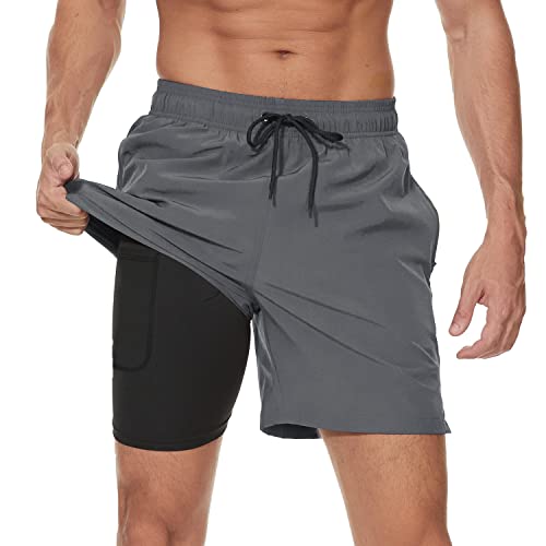 Arcweg Men's Swim Trunks Mens Swimming Shorts with Compression Liner Quick Dry Stretchy 2 in 1 Board Shorts with Zipper Pockets Back + Grey L (UK)